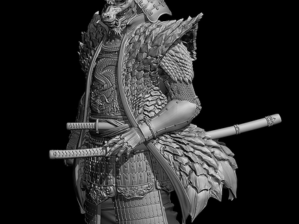 Samurai warrior figurine in detailed armor with a katana on a black background