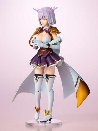 Anime character figurine with a purple and white outfit on a pink background