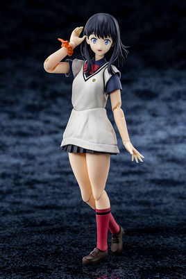 Action figure of a character in a school uniform against a dark textured background
