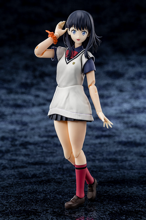 Action figure of a character in a school uniform against a dark textured background