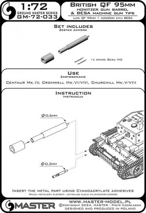 1/72 Master Model British QF 95mm howitzer gun barrel + Besa MG tips - for Centaur Mk.IV. Cromwell Mk.VI/VIII. Churchill Mk.V/VIII - MPM Hobbies
