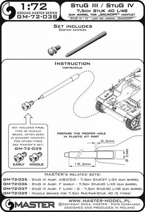 1/72 Master Model StuG III / StuG IV - 7.5cm StuK 40 L/48 gun barrel for "Saukopf" mantlet (mantlet not included) - MPM Hobbies