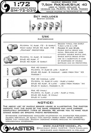 1/72 Master Model Muzzle brakes for 7.5cm PaK/KwK/StuK 40 (5 types) - MPM Hobbies