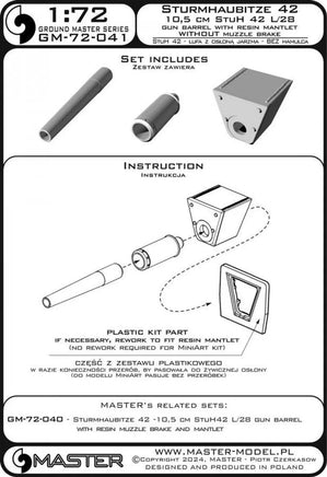 1/72 Master Model Sturmhaubitze 42 - 10.5 cm StuH 42 L/28 gun barrel with resin mantlet (version with straight barrel WITHOUT muzzle brake) - MPM Hobbies