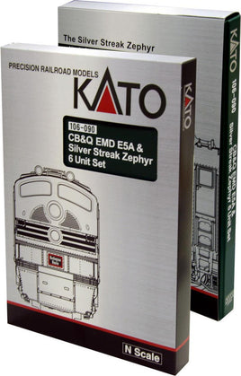 N Kato CB&Q EMD E5A & Silver Streak Zephyr 6 Unit Set w/ Interior Lighting 1060901 - MPM Hobbies