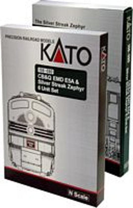 N Kato CB&Q EMD E5A & Silver Streak Zephyr 6 Unit Set w/ Interior Lighting & Pre-Installed Digitrax DCC 106090D1 - MPM Hobbies