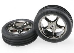 Traxxas Tires & wheels, assembled (Tracer 2.2" black chrome wheels, Alias® ribbed 2.2" tires) (2) (Bandit front, medium compound w/ foam inserts) 2471A - MPM Hobbies